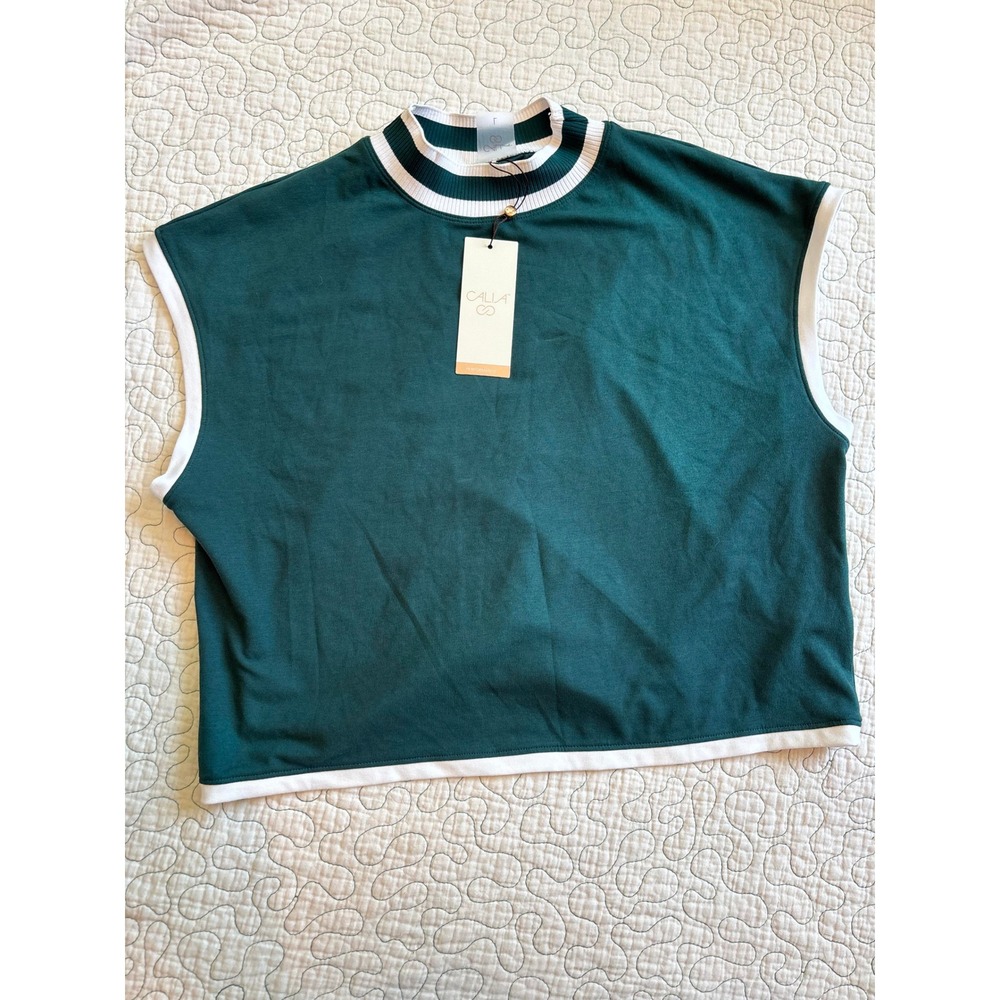 CALIA Rib Mock Crop Tank Sea Green White Striped Trim Top Size Large
